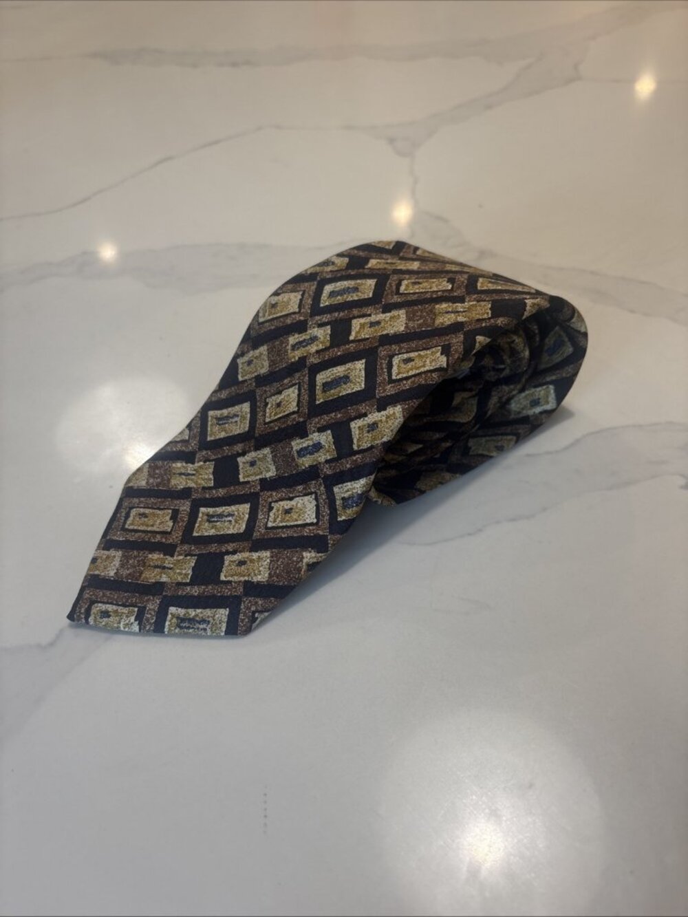 Vintage Papillon Luciano Soprani Italy Silk Tie Geometric Brown Blue Necktie